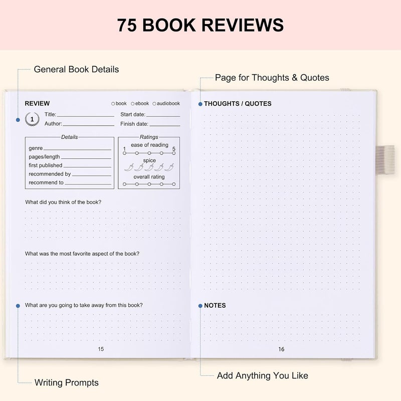 COMKISO Store Reading Journal for Book Lovers - 75 Book Journal Reading Log for Book Tracking, A5 Linen Book Review Journal with TBR Tracker List, Ratings, Challenges, Prompts, and Index - Beige - Image 4